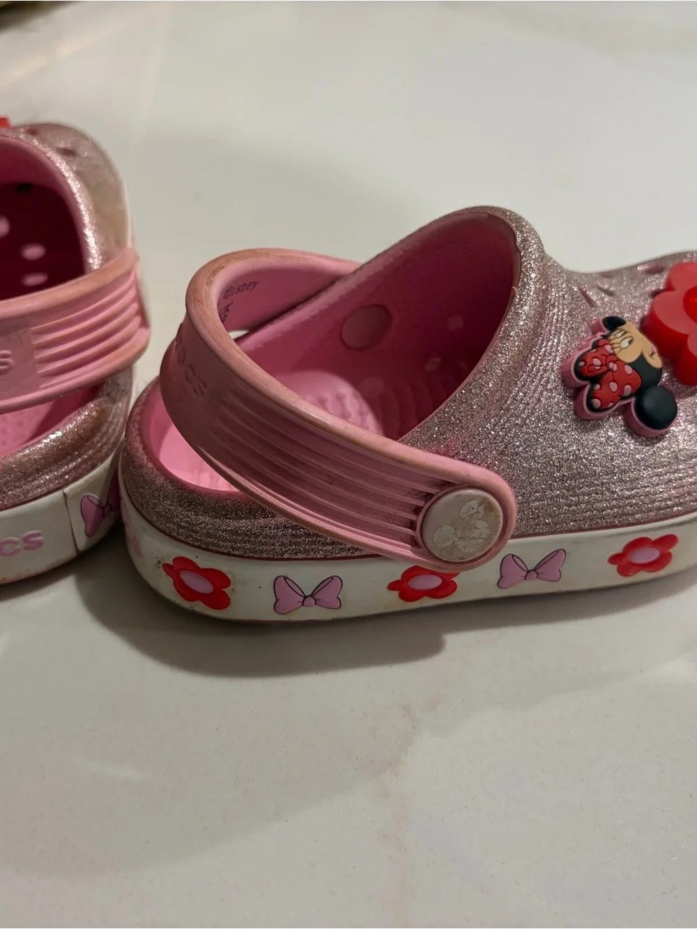 Disney Crocs - Toddler Pink Glitter Light Up Clog Sandals with Red Flower Charm